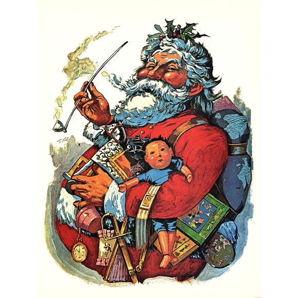 Hand-Colored Santa Claus by Thomas Nast 1970s Retro Kitsch Wall Art Print SE9 - Picture 1 of 2